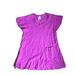100% Linen Tunic Dress Fuchsia Pink Ruffle Hem Short Sleeve Made in USA Size M